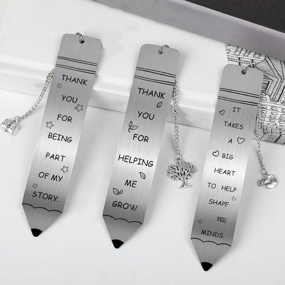 3Pcs Engravable Metal Bookmarks Blank Book Marks with Tassel Pen Shape Motivational Words Tree Stainless Steel Silver Book Markers for Readers School Students Page Textbook DIY Reading Gifts