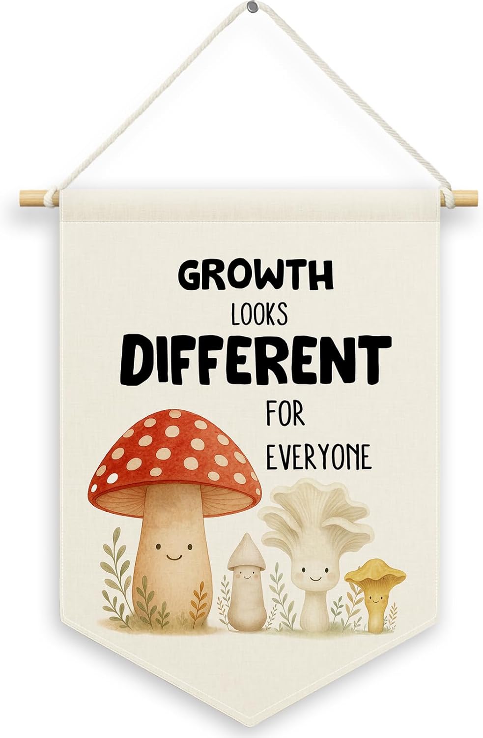 Mental Health Mushroom Kids Room Decor, Cute Nursery Classroom Banner Canvas, Growth Looks Different for Everyone Wall Hanging Frame Decor Art Pennant Flag for Toddler Room Playroom 11x15in