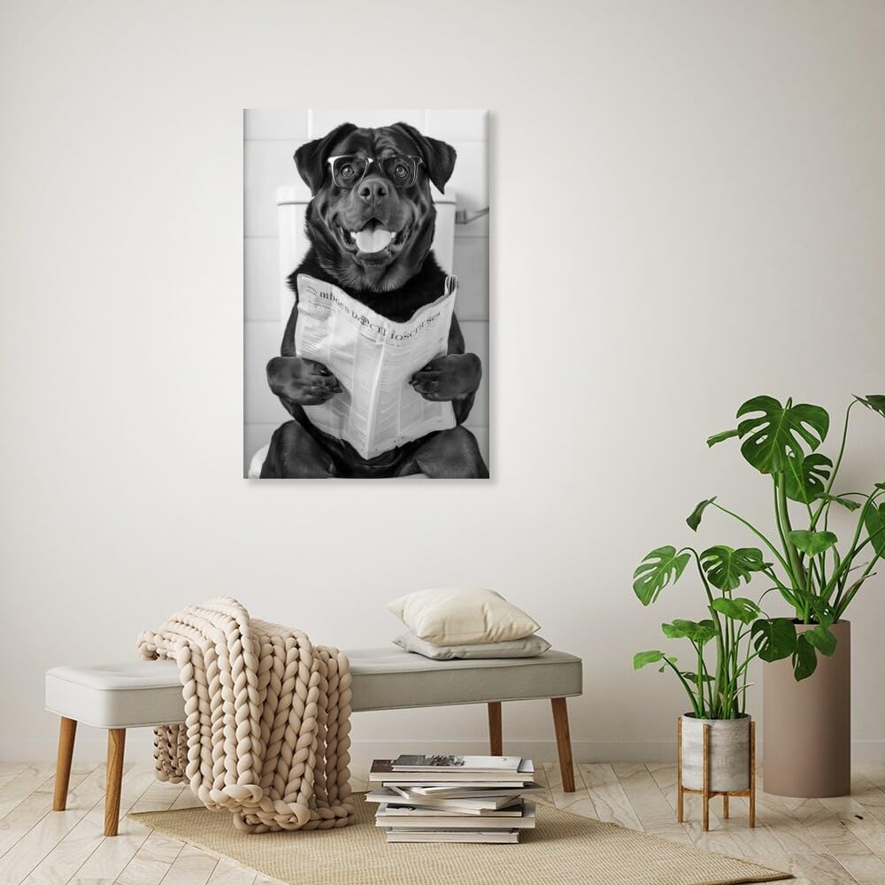 Bathroom Wall Decor Dog Reading Newspaper Black and White Print Pet Art Funny Dog Poster Canvas Wall Prints Poster Modern Home Aesthetic Decor Wall Art for Bedroom Dorm Framed20x30inch