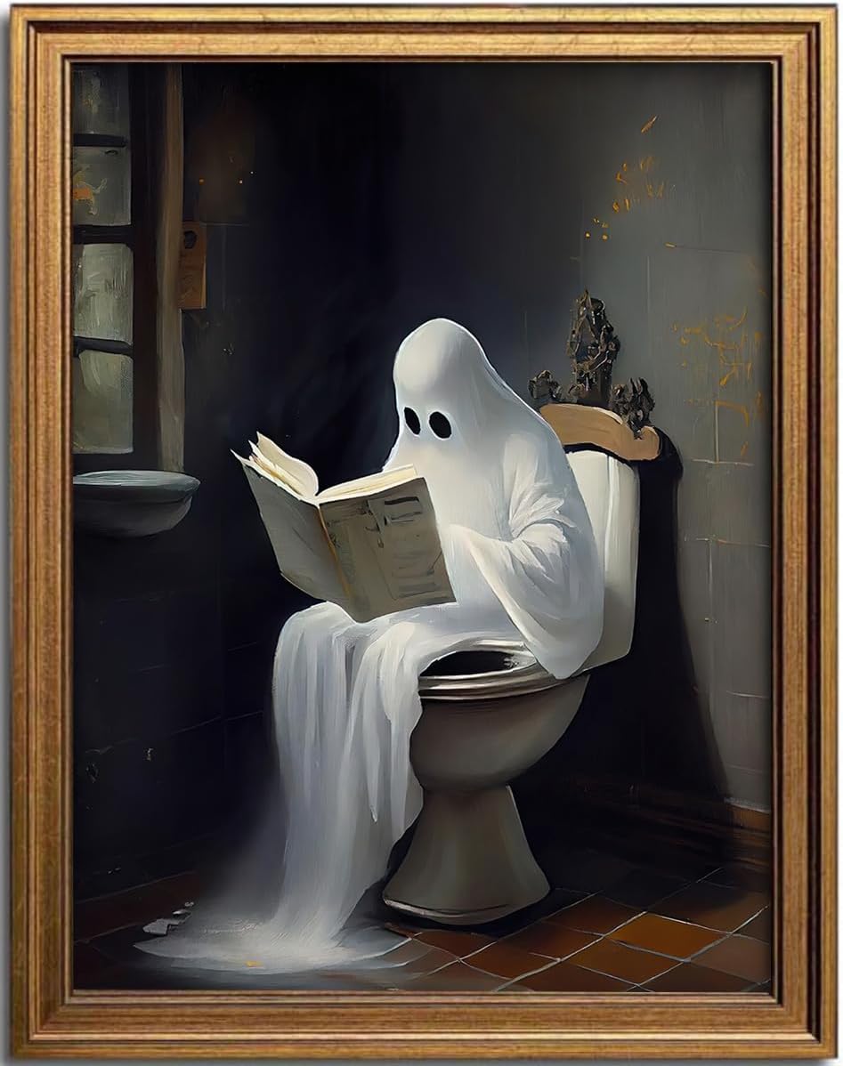 KBKBART Framed Canvas Wall Art, Vintage Cute Ghost on Toilet Reading Books Gothic Aesthetic Posters, Spooky Dark Academia Room Decor, Ghost in Bathroom Horror Halloween Pictures, Bathroom Decor Wall Art(12"x16")