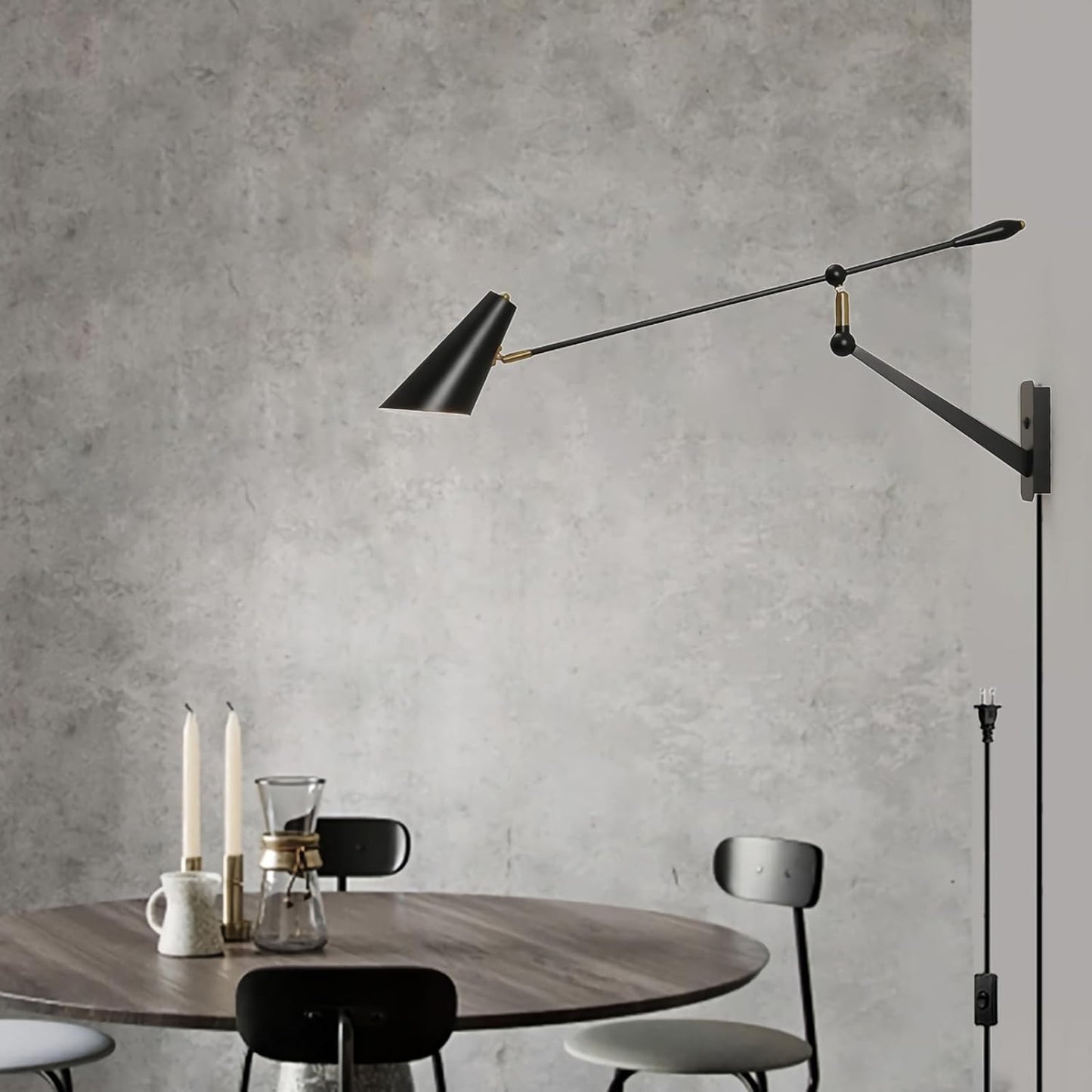 Adjustable Swing Arm Wall Sconce - 360° Rotation & Dual Power Modes (Plug-in/Hardwired), Vintage Industrial Wall Mounted Light with Matte Black Finish, E26 Bulb Compatible for Living Room & Bedroom