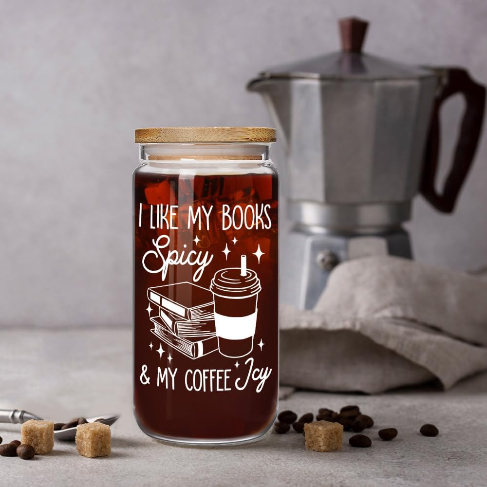 Cute Spicy Readers Book Lovers 16oz Coffee Glass Cups with Lids and Straws Gifts for Books Lovers Women Acotar Readers Bookworm, I Like My Books Spicy & My Coffee Icy Bookish Book Mugs Acotar Gift