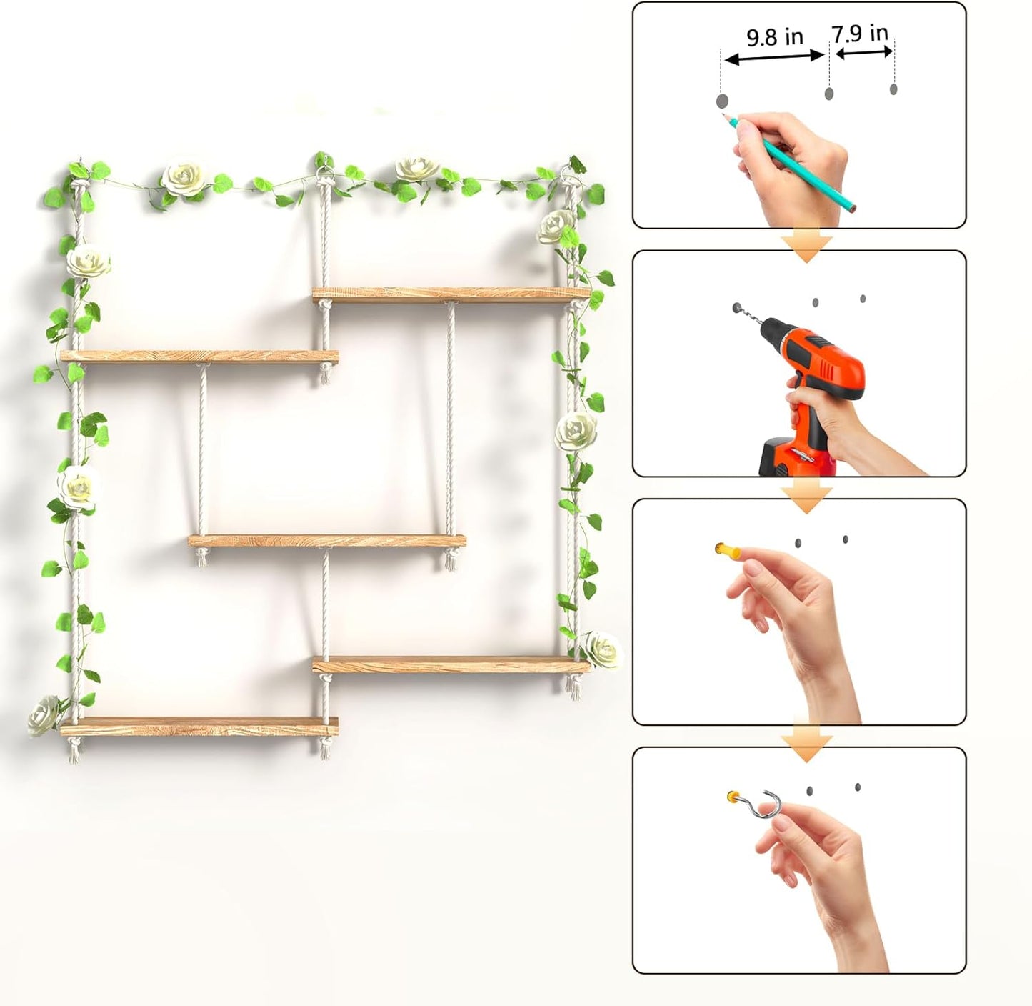 Hanging Shelves for Wall,Macrame Hanging Plant Shelf with Vine Lights 5 Tier Rope Floating Shelf Wood Organizer Storage Rack Boho Wall Decor Aesthetic for Succulents Bedroom Bathroom Kitchen