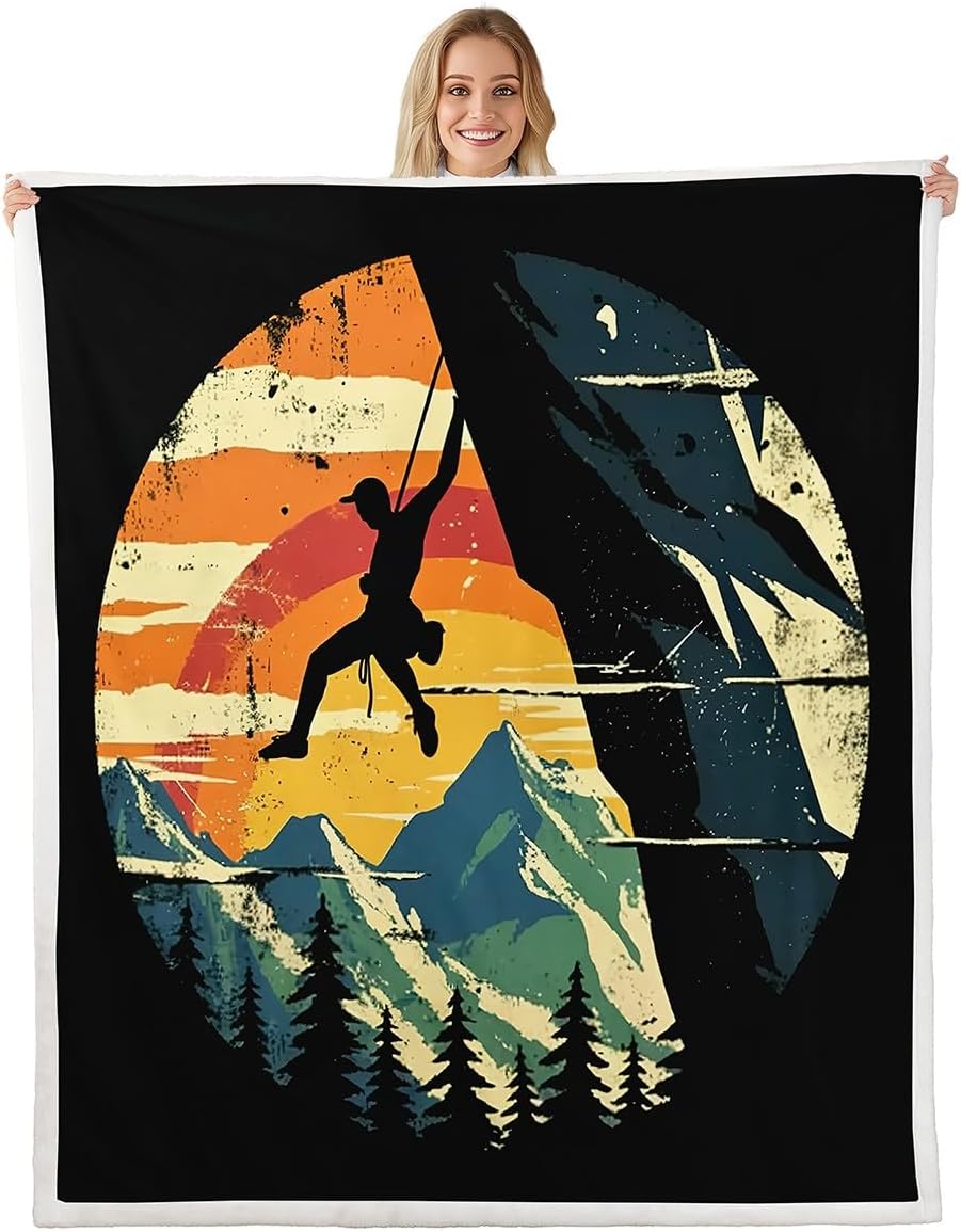 Erosebridal Rock Climbing Bouldering Throw Blanket, Mountain Climber Printed Blanket, Climb Extreme Sports Theme Fleece Blanket for Men Women, Retro Grunge Style Fuzzy Blanket, Throw Size