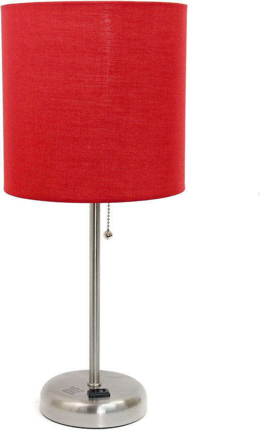 Oslo 19.5" Contemporary Bedside Power Outlet Base Standard Metal Table Desk Lamp in Brushed Steel with Red Drum Fabric Shade