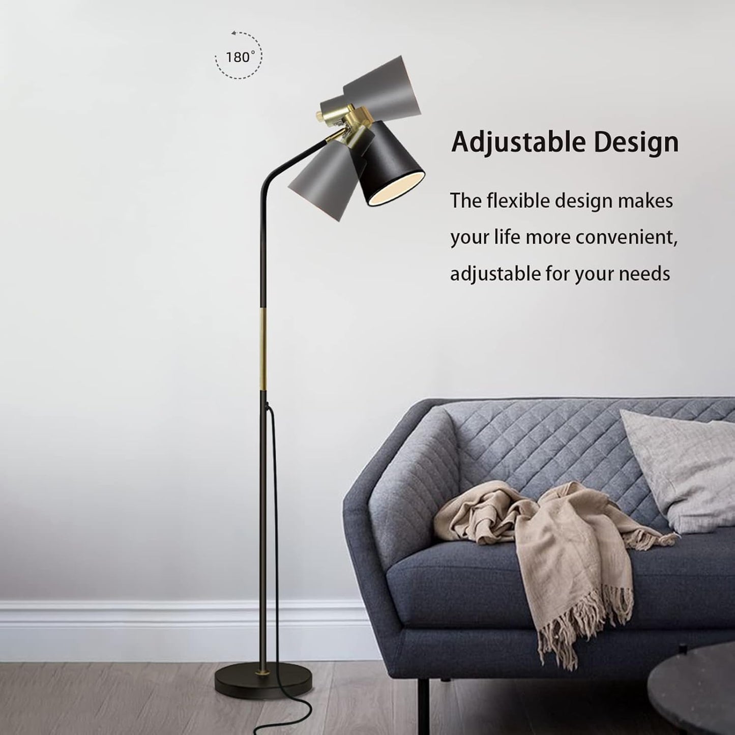 Floor Lamp, Industrial Floor Lamps for Living Rooms Rustic Farmhouse Reading Standing Floor Lamp Adjustable Metal Heads Indoor Task Lighting for Living Room Bedroom Office Home Décor (Black)