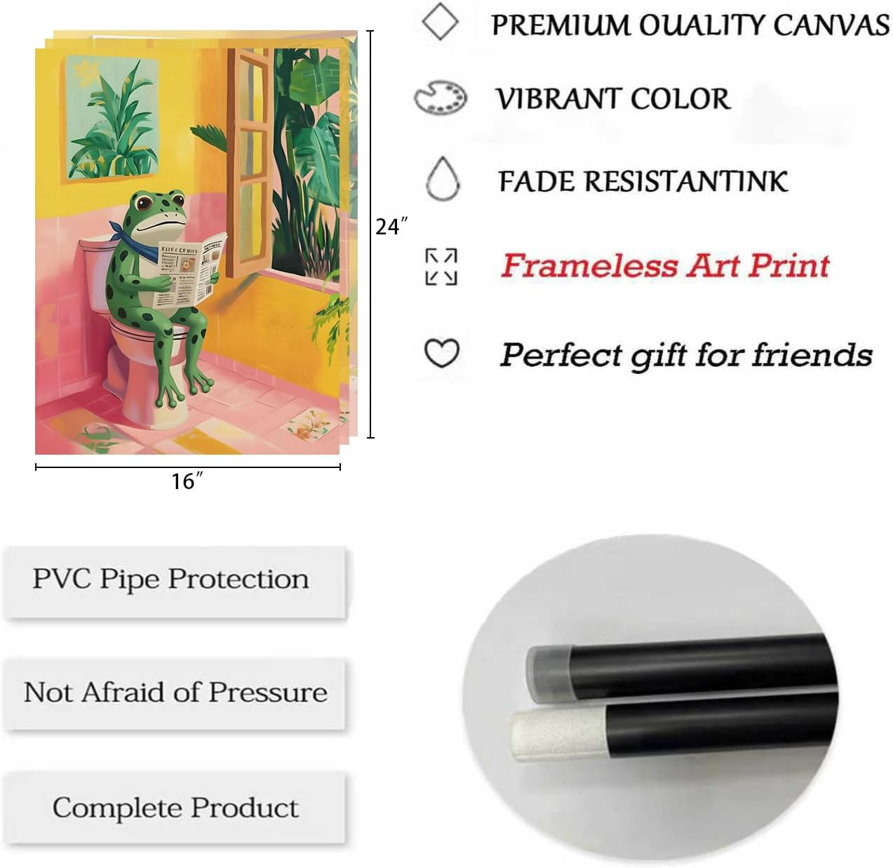 3 Piece Funny Frog Bathroom Wall Art, Unframed Whimsical Pink & Yellow Canvas Prints, Cute Animal Core Morning Routine Decor for Kids & Guest Restroom - Reading, Brushing Teeth, Bathing Scenes