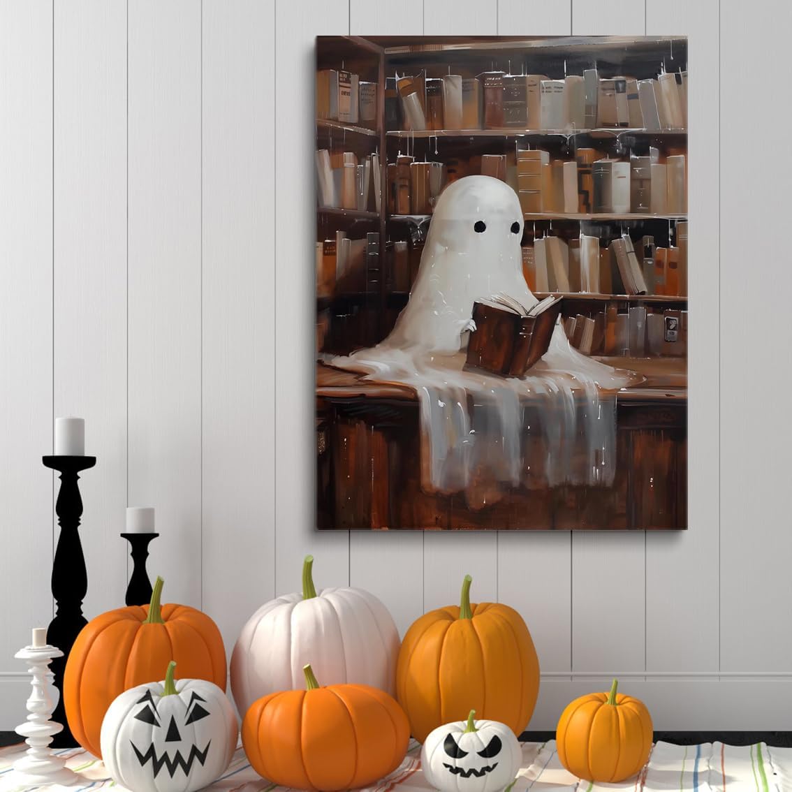 Vintage Cute Ghost Canvas Wall Art,Cute Ghost Reading in Library Halloween Cottagecore Decor,Gothic Dark Academia Wall Decor, Vintage Wall Art Poster Ghost Halloween Pictures 12x16in Unframed