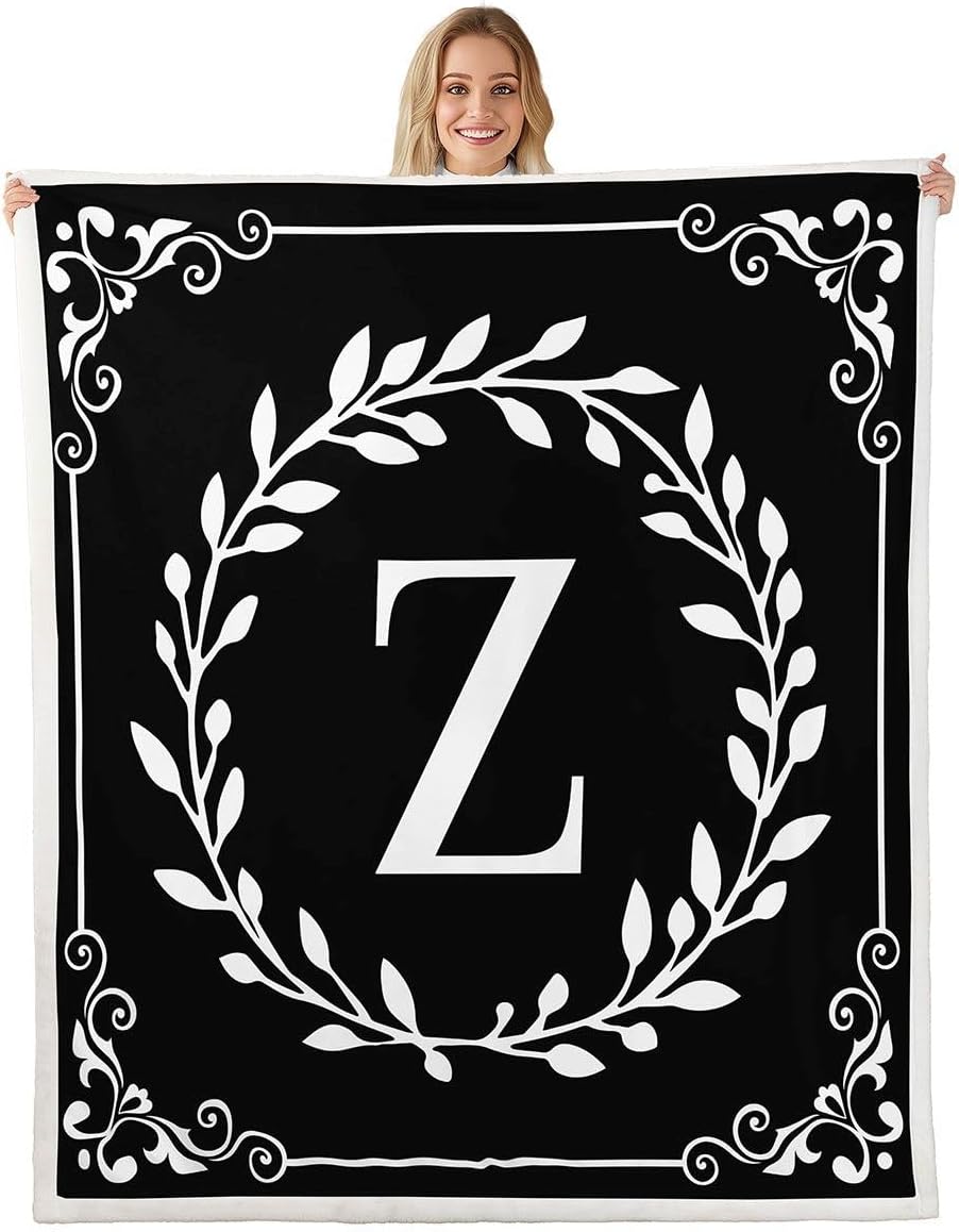 Erosebridal Initial Letter Z Baby Size Sherpa Blanket Black White Fuzzy Plush Throw Personalized Gifts for Women Men Frends Boho Floral Leaves Fleece Blanket Minimalist Branches Decor for Sofa Couch