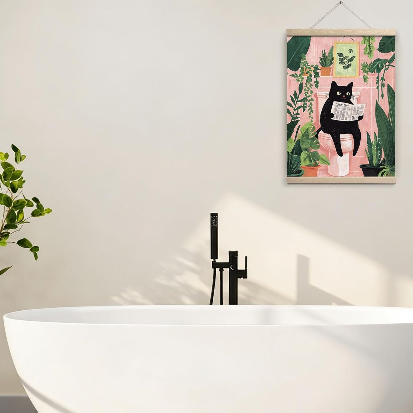 GOVGRTB Funny Black Cat Bathroom Canvas Wall Art Cat Reading Newspaper On Toilet Pink Green Plant Artwork,Vintage Wall Art for Bathroom Bedroom Living Room,Cat and Plant Lovers Wall Decor 12x16 Inch