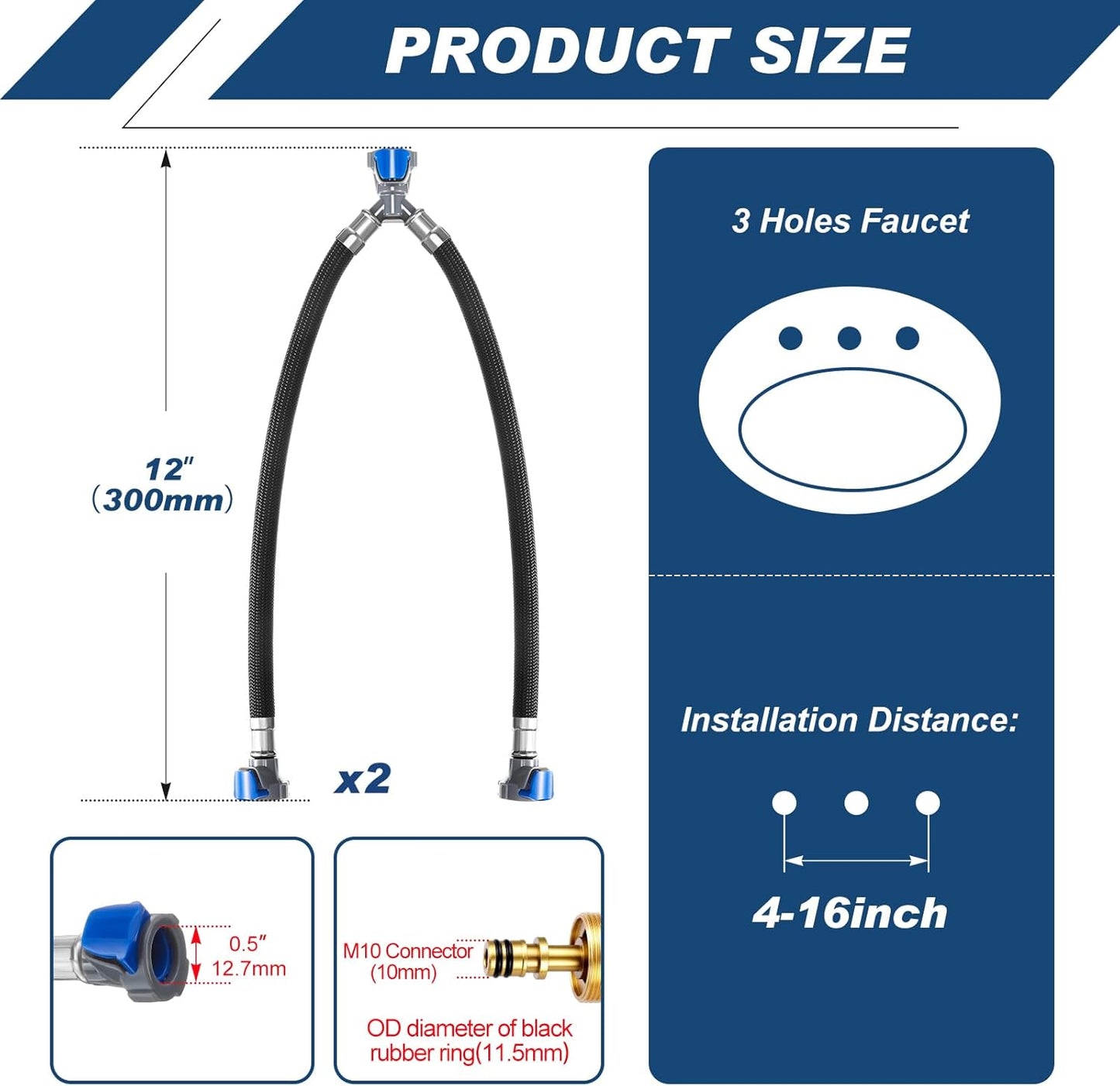 2 Pcs 12 Inch Quick Connect Water Hose Faucet Supply Lines Hot & Cold Water Mixer Line Replacement V-shape Widespread Bathroom Sink Faucet Y Hose with Snap-in Fast Lock Pipe(Black Blue)
