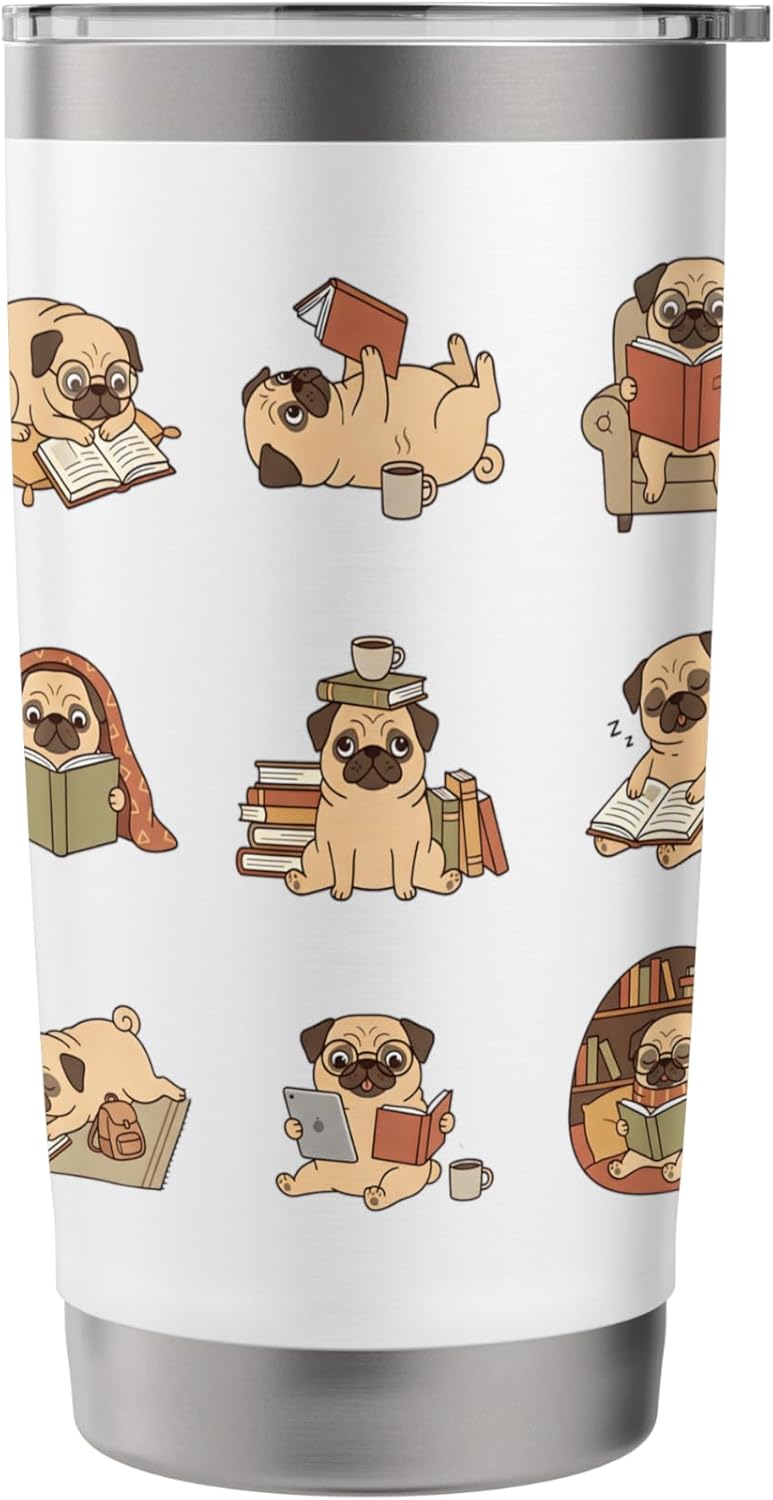 Cute Reading Pugs Book Lover Library Coffee Stainless Steel Insulated Tumbler