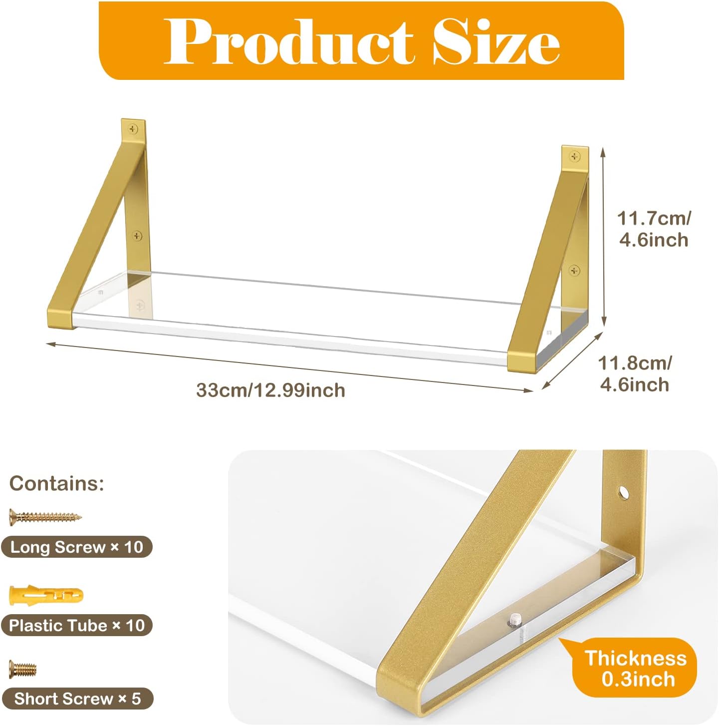 Clear Shelves, Gold Floating Shelves Wall Mounted Set of 2, 8mm Transparent Acrylic, Invisible Wall Shelves for Bedroom, Living Room, Bathroom, Kitchen, Office Display Decor (13in)