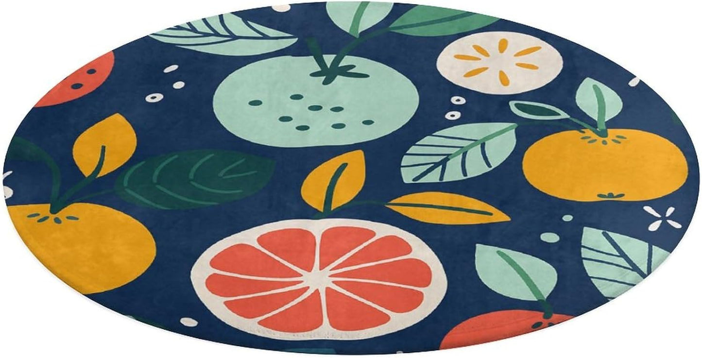Hand Drawn Fruits Circle Rug Retro Luxury Coral Velvet Floor Mat Non Slip Soft Indoor Floor Carpet Comfy Thickened Area Rugs Modern Aesthetic Minimalist Carpets for Home Decor