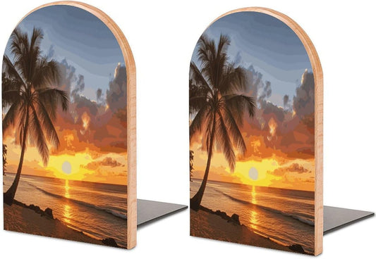 Sunset Hawaiian Palm Tree Bookends 1 Pair Heavy Duty Book Ends for Shelves Non-Skid Bookend Supports Wooden Book Holders with Metal Base Desk Organizers Books Storage to Hold Books