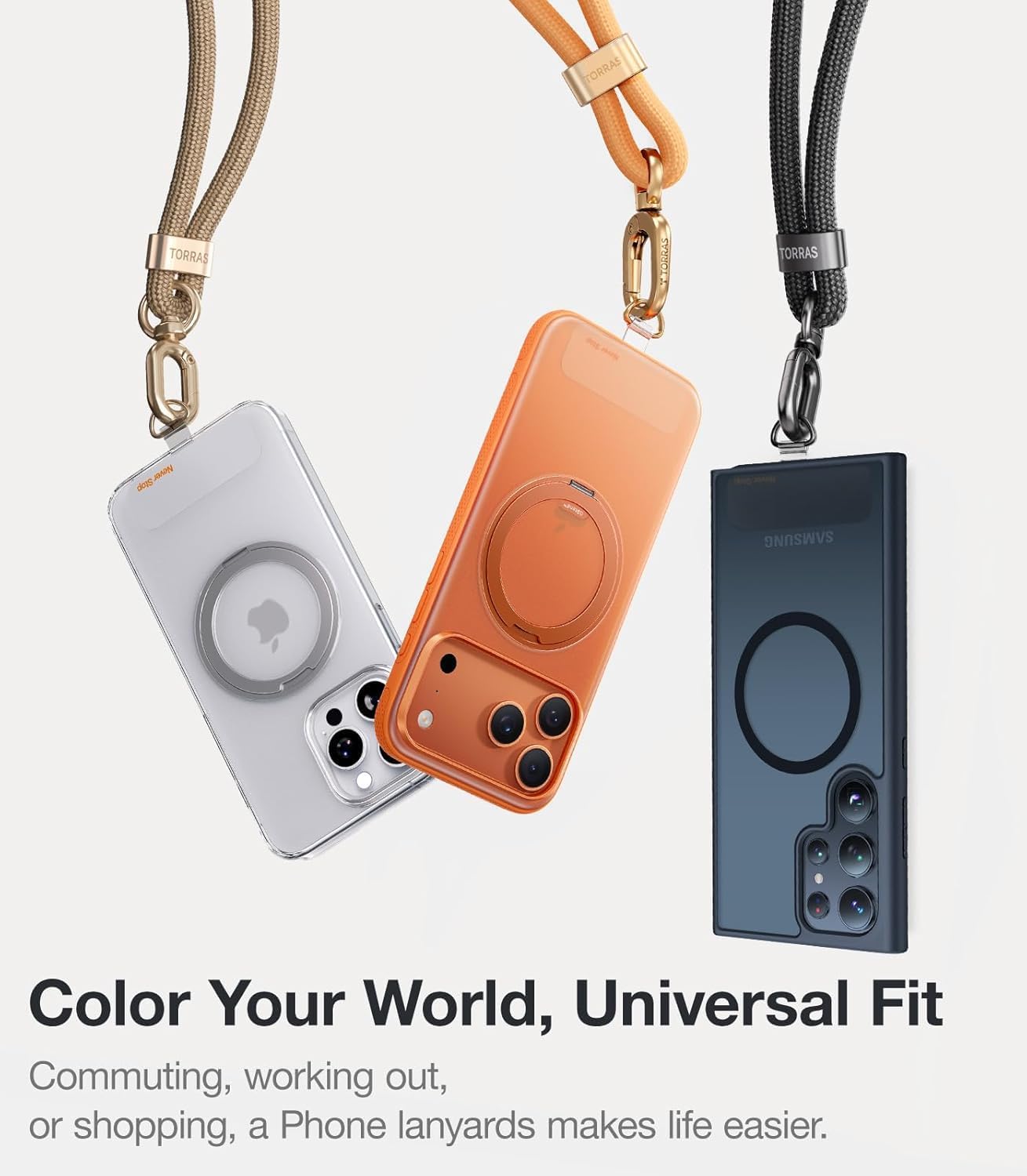 TORRAS Phone Lanyard Crossbody with 2 Phone Tabs, Adjustable Anti Theft Phone Strap for iPhone 17 Pro Max, Premium Metal Buckles, Universal Cell Phone Neck lanyard for Women and Men, Khaki
