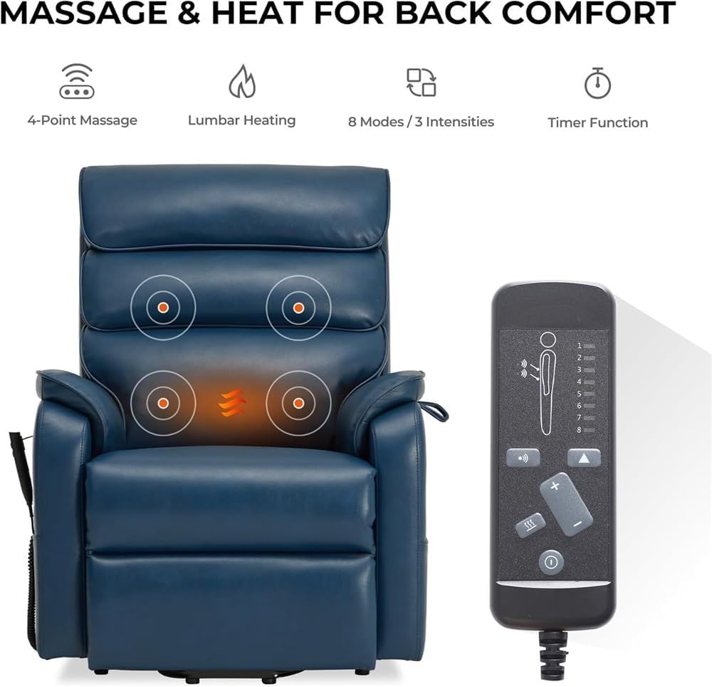 Power Dual Motor Lift Recliner Chair for Elderly with Infinite Position Recline Heat and Massage Adjustable Electric Lay Flat Sofa Dark Blue Leather Living Room Furniture