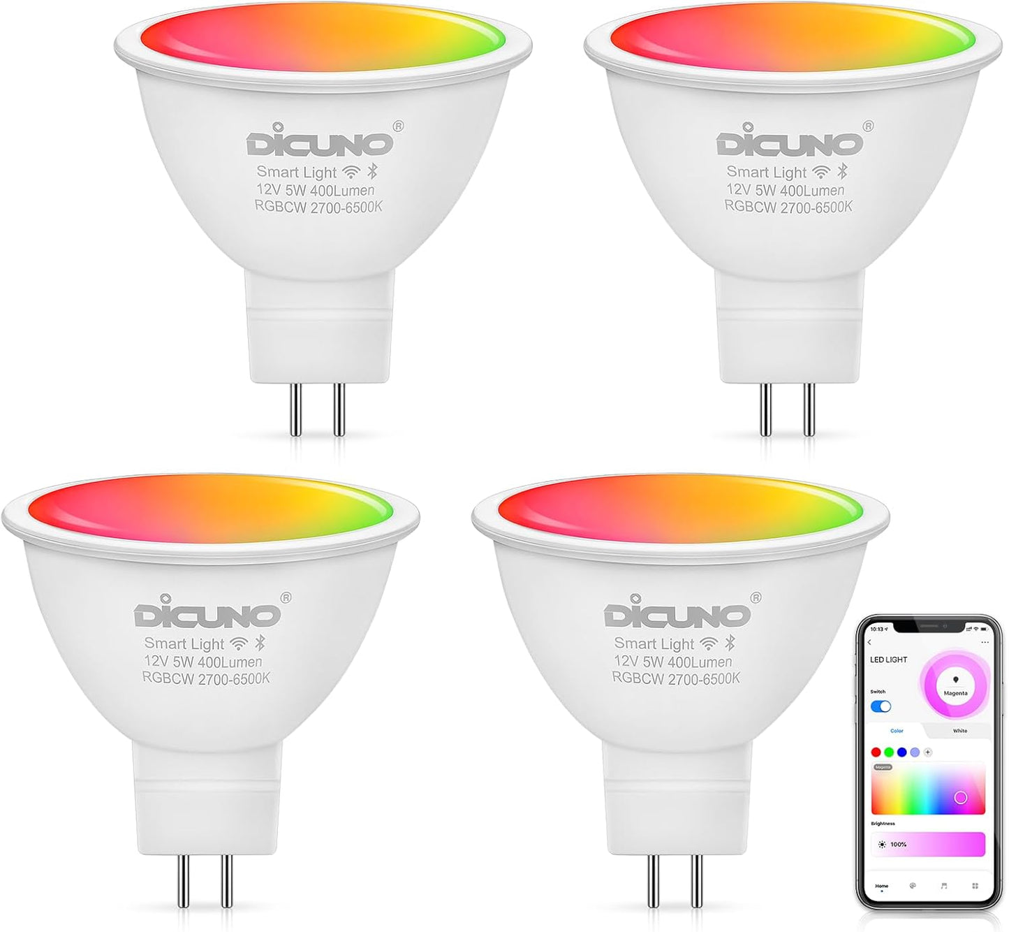 DiCUNO MR16 Smart Bulbs Alexa, RGBCW Color Changing Light, 5W GU5.3 Smart Bulb Compatible with Google Home, Dimmable with App, 2.4GHz WiFi, AC/DC 12V, Bi-pin Base, 400LM, Landscape Light, 4-Pack