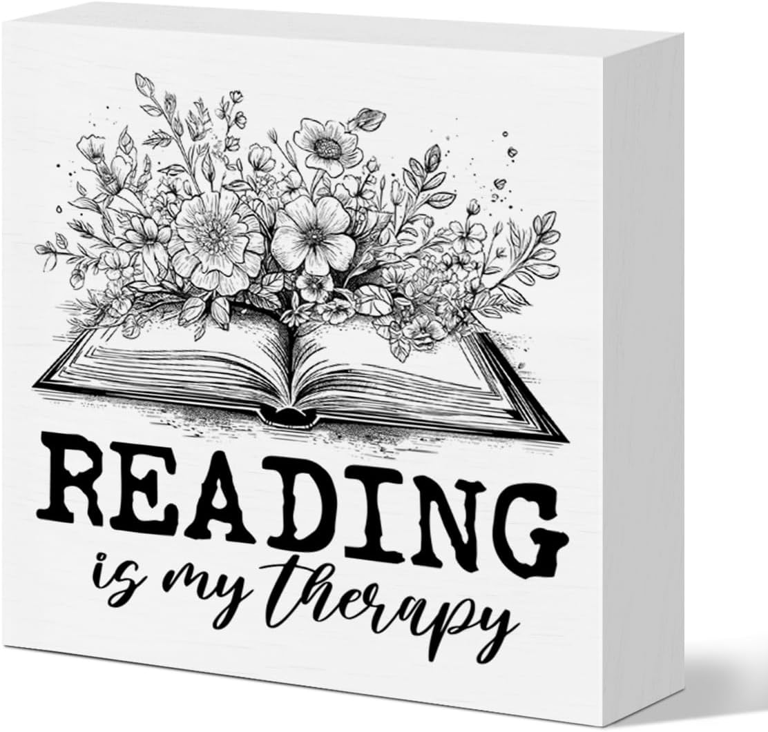 Book Lover Desk Decor Wooden Sign, Reading Nook Decoration for Home Library Girl Bedroom Bookworm Bookish Gifts for Women Book Lover Nerd Reader Librarian, Reading Is My Therapy
