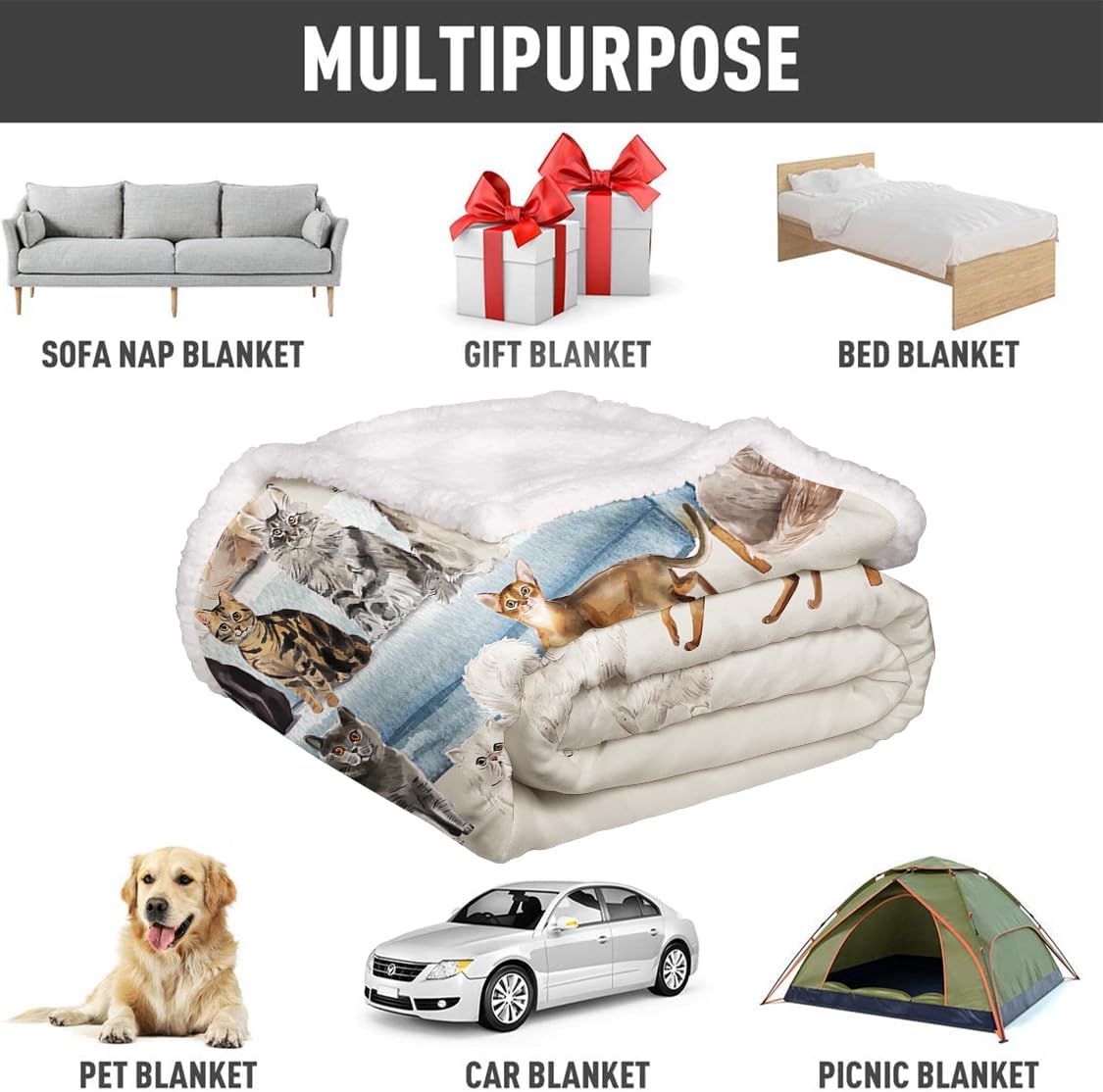 SXCHEN Sherpa Fleece Blanket Throw for Couch Bed Warm Soft Comfy Heavy Thick Fluffy Blankets for Winter Throws with Cute Kitten Cats Selfie Print Gifts for Cat Lovers,60 x 80 inches