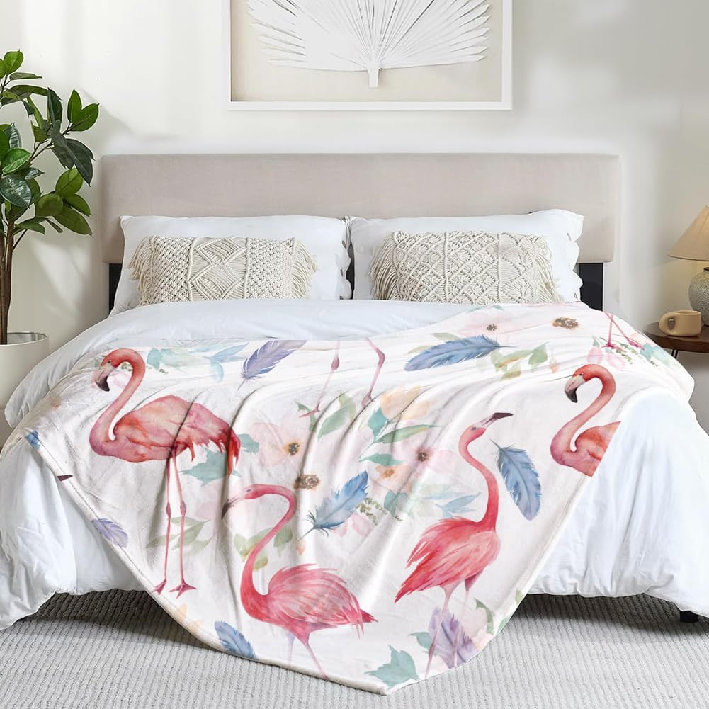 Flamingo Blanket Watercolor Flower Throw Blankets Ultra Soft Flannel Throw Blankets Lightweight Cozy Fluffy Plush Blanket for Bed Couch Sofa 50" X 60"