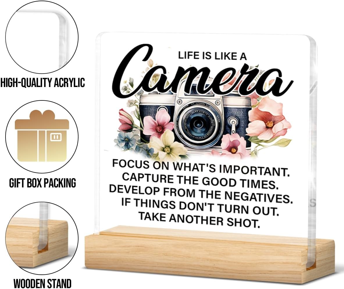 Inspirational Gifts for Women, Motivational Gifts for Besties Friends, Life Is Like a Camera Acrylic Desk Sign Home Decor Office Clear Desk Sign