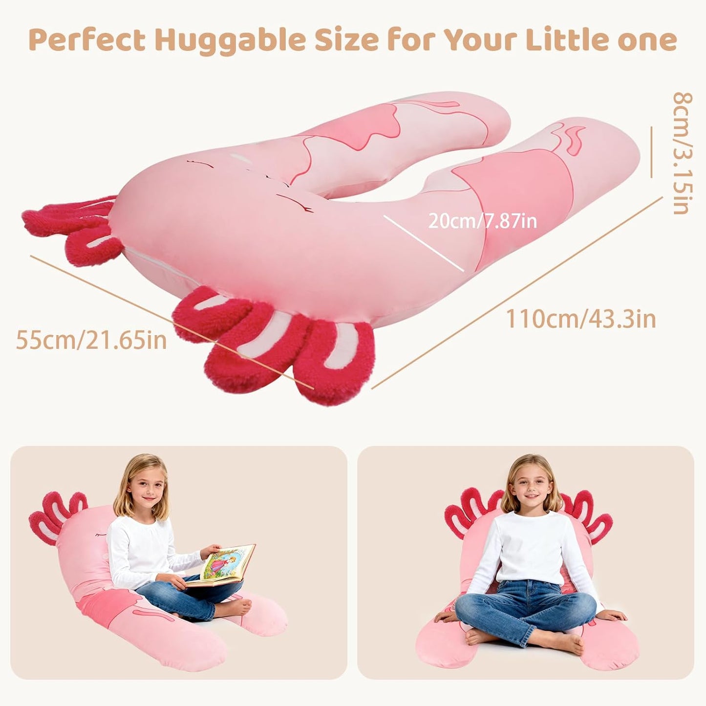 IFOYO Axolotl U-Shape Kids Body Pillow, 43" Minky Kids Full Body Pillow for Sleeping, Reading, ADHD & Sensory Relief, Kid Animal Cuddle Pillows Washable Cover Snuggle Fun Hug Gift for Boys & Girls