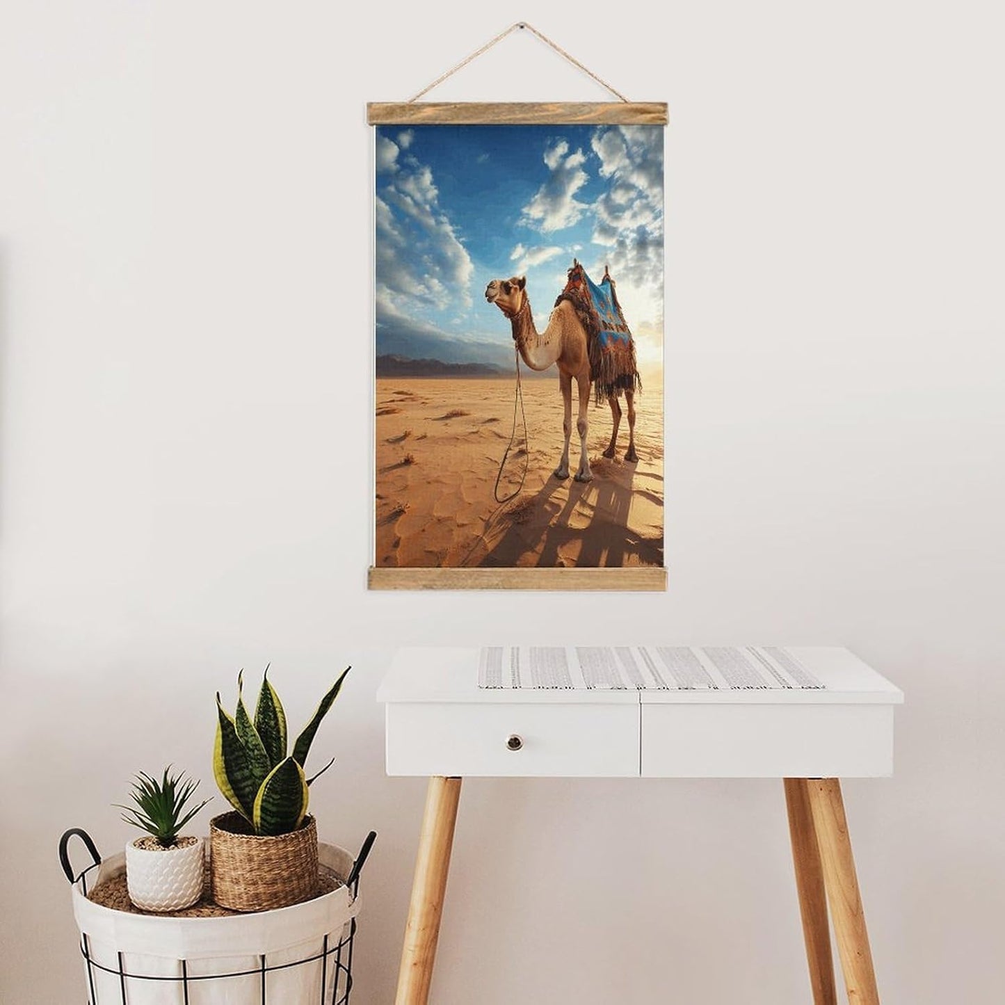 Vintage Camel Blue Sky Poster with Wooden Frame Personalized Linen Hanging Scroll Painting Rustic Wall Hanging Illustrative Modern Artwork Decor for Home Living Room Bedroom Office