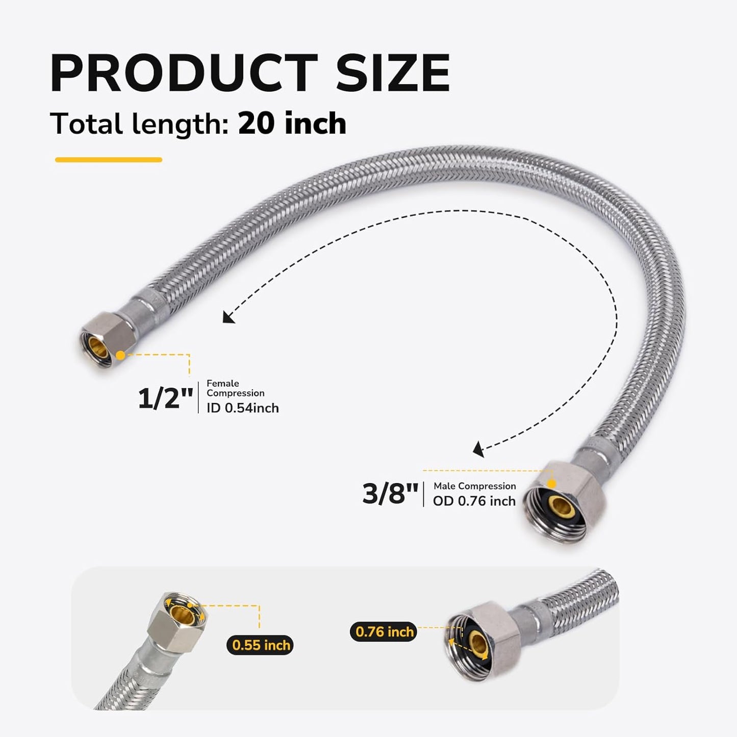 20" Faucet Supply Line, 3/8 inch Comp x 1/2 inch FIP Faucet Connector, Braided Stainless Steel Faucet Hose for Bathroom Sink and Kitchen, Leak-Resistant cUPC Certified Water Supply Line, 2 Pack