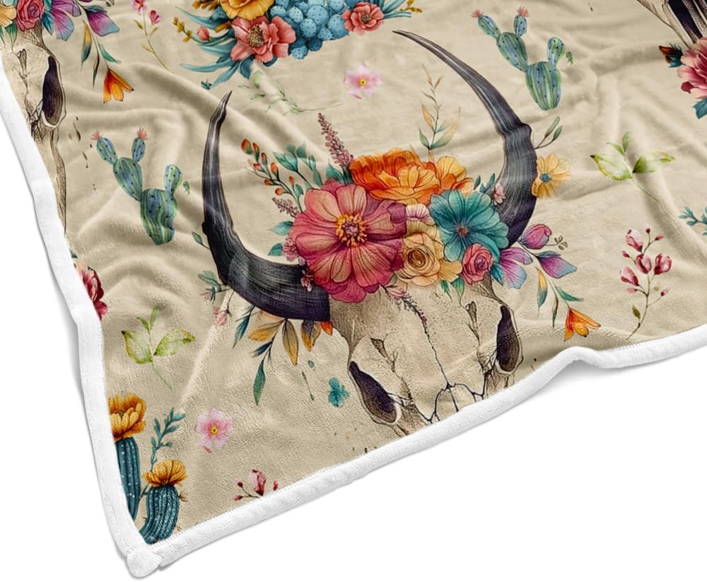 NYMB Western Boho Throw Blanket, Bohemian Cowboy Southwestern Bull Skull Warm and Cozy Fleece Throw Blanket for Bed, Couch, Native Aztec Cactus Farmhouse American West Travel Camping Blanket, 50X60in