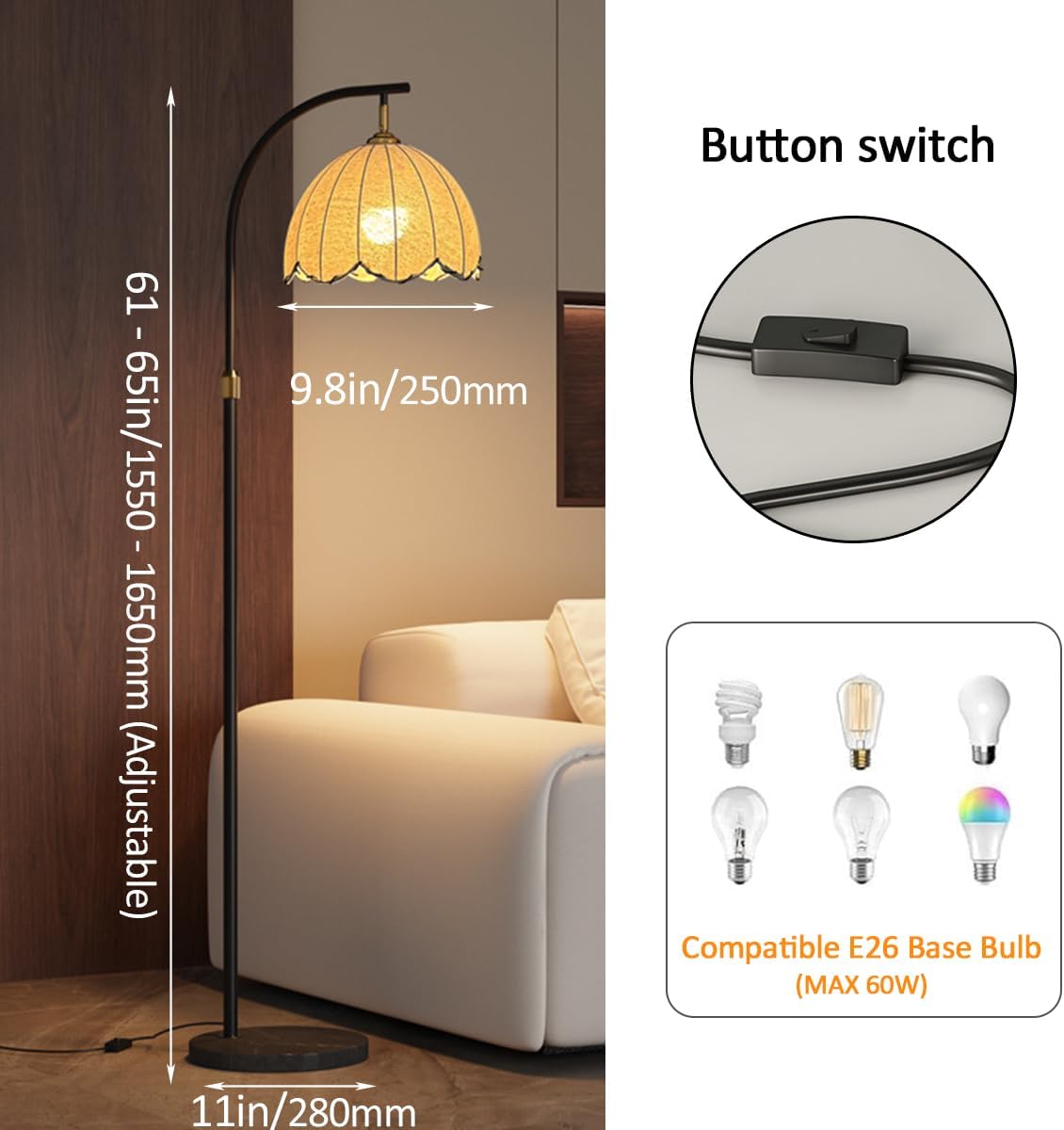 Arc Floor Lamp Adjustable Height Tall Light Sofa Side Standing Reading Lamp 3 Color Temperature LED Vertical Lights with Marble Base Linen Floor Lamps for Tea Room Bedroom
