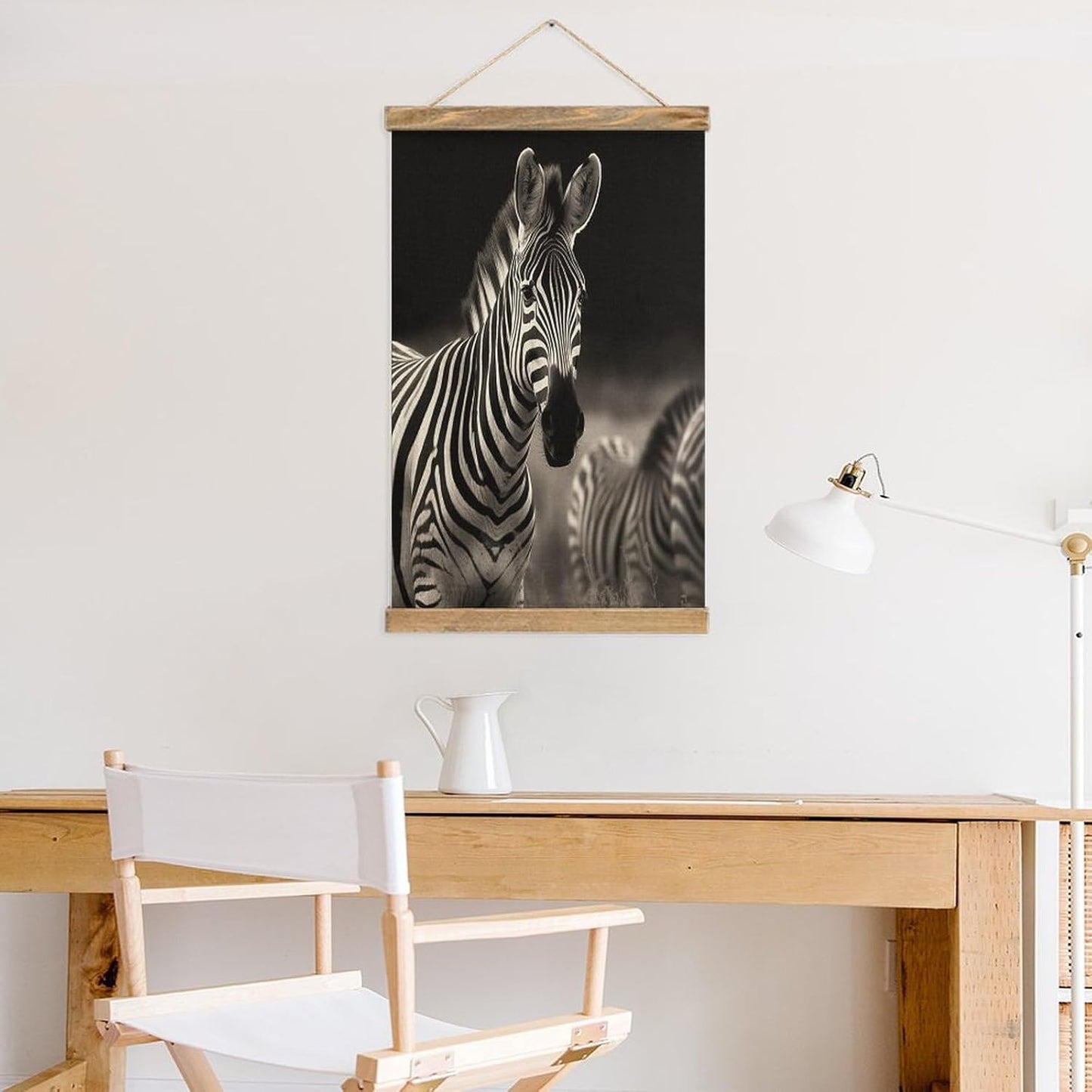 Vintage Wild Animals Zebra Poster with Wooden Frame Personalized Linen Hanging Scroll Painting Rustic Wall Hanging Illustrative Modern Artwork Decor for Home Living Room Bedroom Office