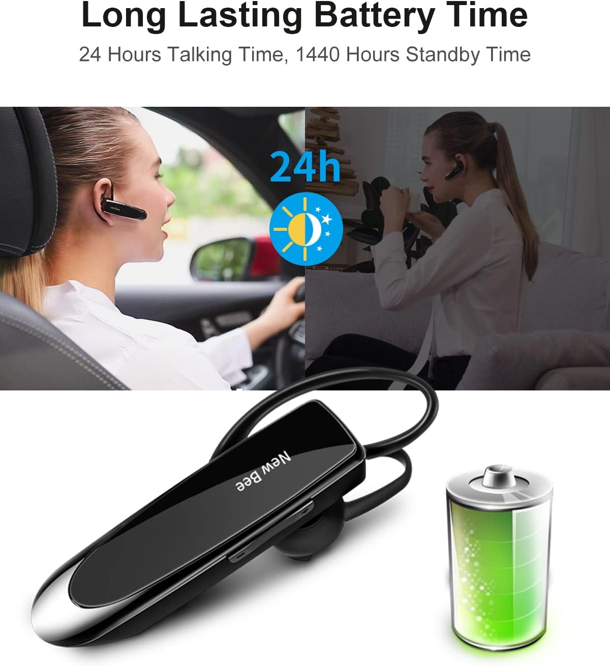 New Bee Bluetooth Earpiece V5.0 Wireless Handsfree Headset with Microphone 24 Hrs Driving Headset 60 Days Standby Time for iPhone Android Samsung Laptop Trucker Driver (Black)