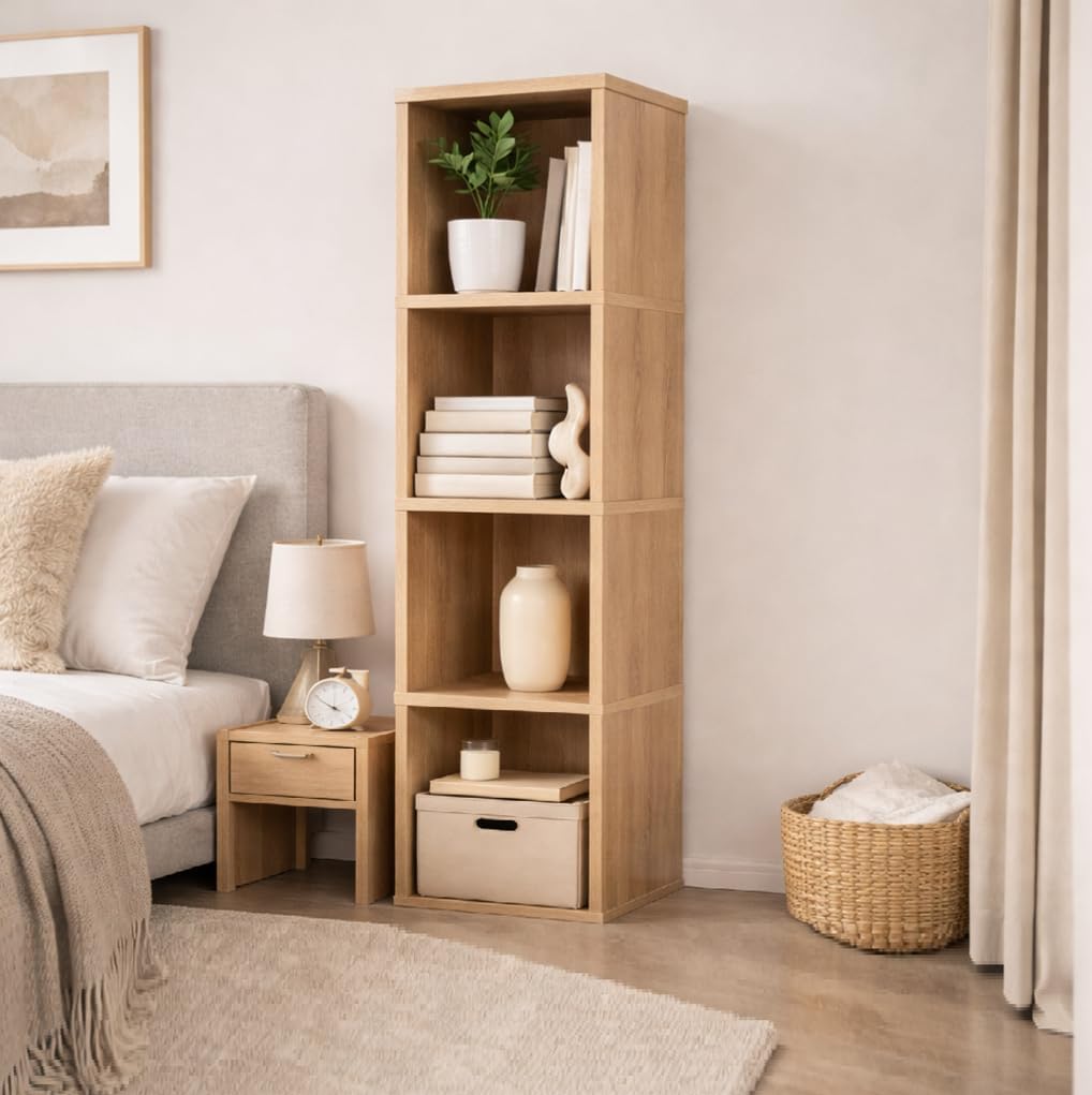 Cube Storage Organizer Wooden Bookshelf, 3 Tier Cube Shelf Bookcase, Small Bookshelf Storage Organizer, Narrow Cube Storage Shelf for Bedroom, Small Bookshelf for Living Room and Office (4 cube)