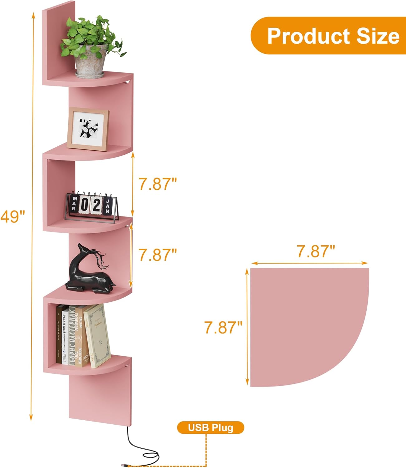 Corner Shelf Wall Mount with LED Light, 5 Tier Floating Corner Bookshelf, Plant Shelf for Bedroom, Floating Shelves for Wall, Display Stand for Living Room, Bathroom, Home Office, Pink