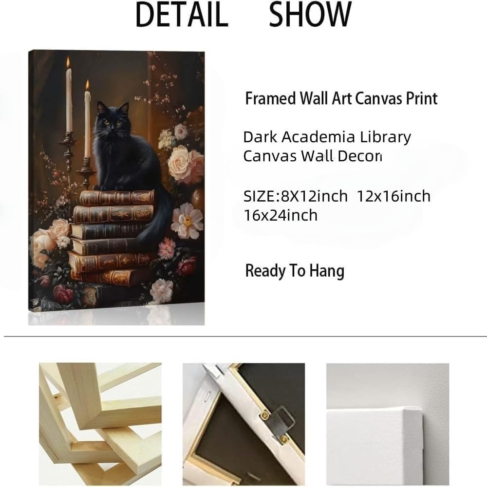 Framed Dark Academia Moody Wall Art Victorian Black Cat Wildflower Book Floral Wall Decor Picture Painting Artwork Vintage Black Cat Books Wall Art Gothic Vintage Antique Aesthetics Poster Print for Home Decoration (A, 8x12inch(20x30cm), Framed)