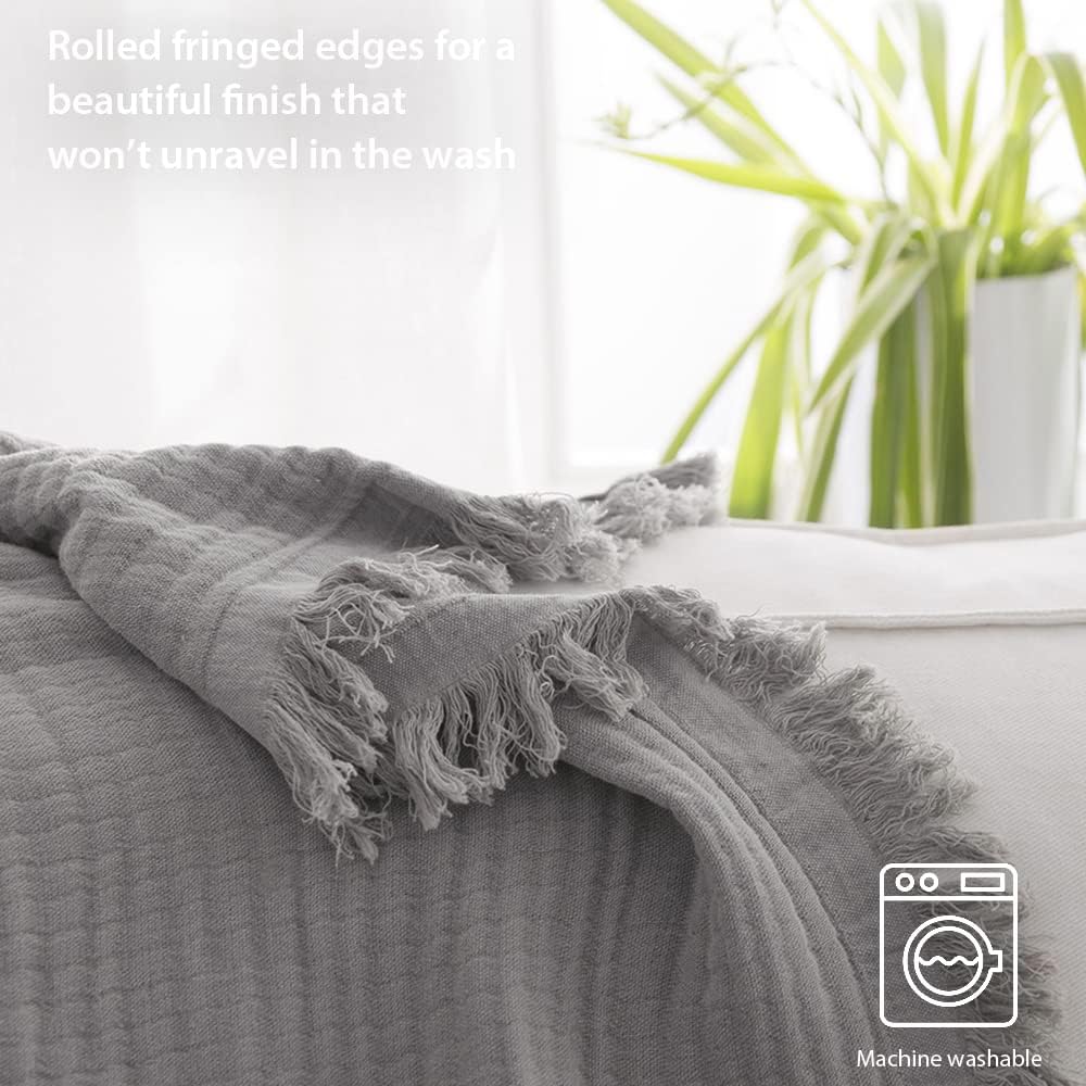 Simple&Opulence Cotton Muslin Throw Blanket for Bed, Couch, Knit Woven Gauze Blanket with Tassels, Soft Lightweight Cozy Pre-Washed Breathable Farmhouse Decoration for All-Season (Grey)