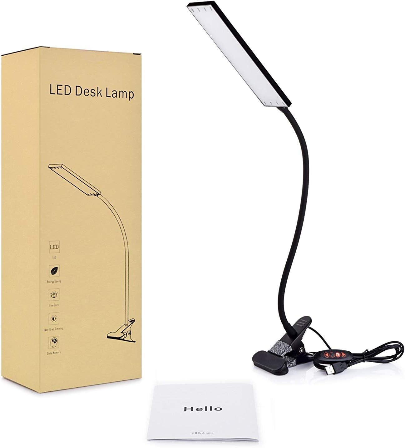 LED Desk Lamp - Dimmable Eye-Care Reading Light with Adjustable 3 Color Modes, 14 Brightness Levels, Flexible Gooseneck Clip-on Light for Studying, 5W-Black