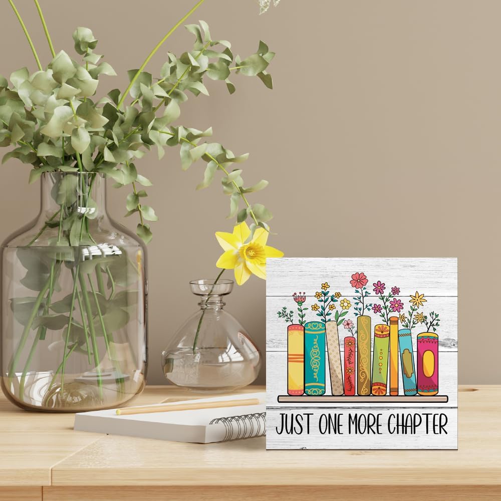 Just One More Chapter Bookish Wooden Box Sign, Bookish Desk Decor for Home Office Bathroom Library Shelf Bookshelf Wall, Book Lover Gifts for Readers Friends Sister, Reading Nook Sign