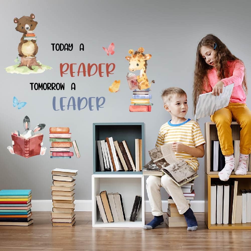SUPERDANT Animals Reading Book Wall Sticker Inspirational Wall Decal Peel and Stick Classroom Vinyl Art Decals Read Corner Decor for Nursery Library Kids Room Study Room Decoration Back to School