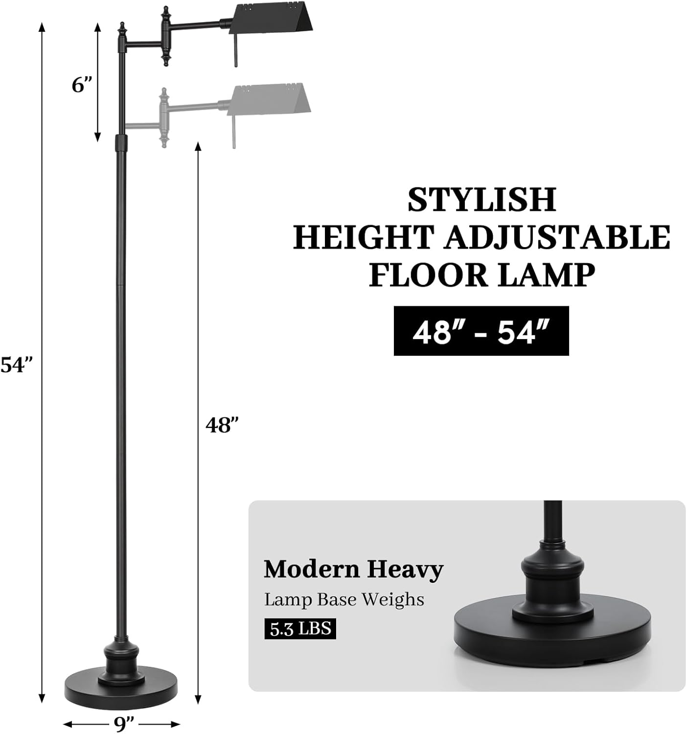 Dimmable Pharmacy Floor Lamp with Remote, 17W LED Reading Floor Lamp with 360°Swing Arm, 3 Color Temperature, Height Adjustable Black Standing Task Lamp for Living Room, Bedroom, Black