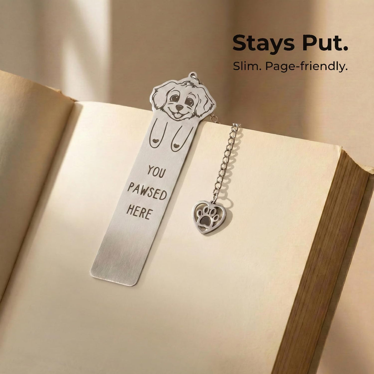 Dog Bookmark for Women Readers, Cute Stainless Steel Metal Bookmark with Paw Charm, “You Paw-SED Here” Gift for Dog Lovers & Dog Moms, Page-Friendly Bookmarks for Reading