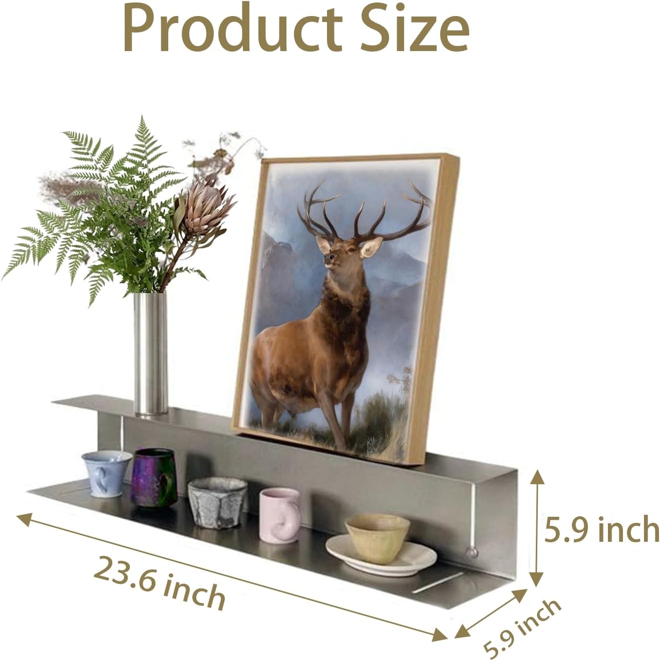 Stainless Steel Floating Shelf Picture Ledge, 23.6 Inch Wall Mounted Display Shelf with Back Guard, Heavy Duty Bathroom & Kitchen Wall Shelf for Decor, Books, Plants and Storage