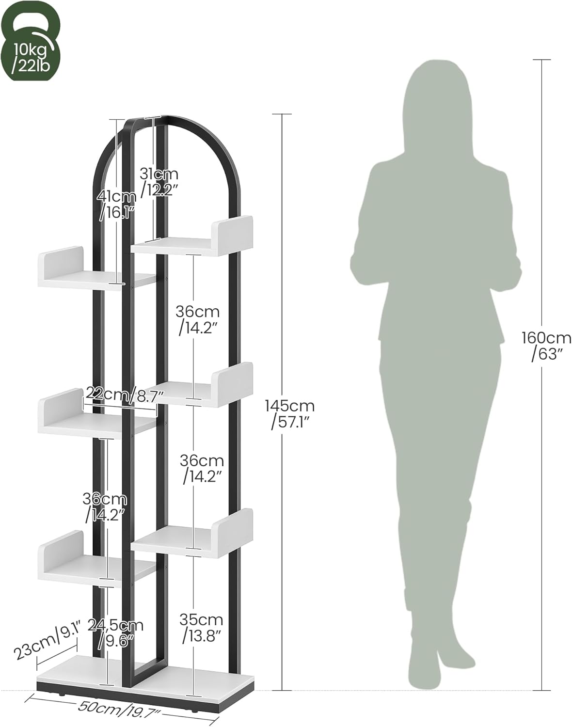 Corner Bookshelf, Curved 6-Tier Bookcase with Anti-Tip Kit, Adjustable Feet and Staggered Shelves for Living Room, Bedroom, Study, Office, White and Black TSJ06BW