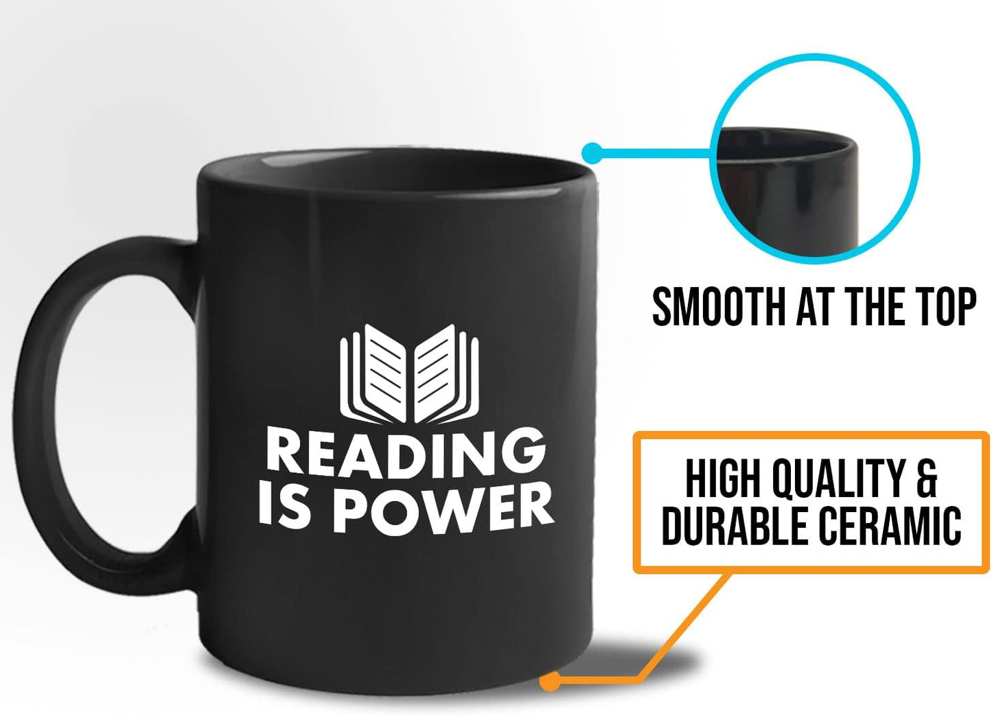 Book Lover Coffee Mug 11oz Black - Reading is power - Literary librarian Literature Bookworm Historian Public Library Curator Bibliophile Bibliolater