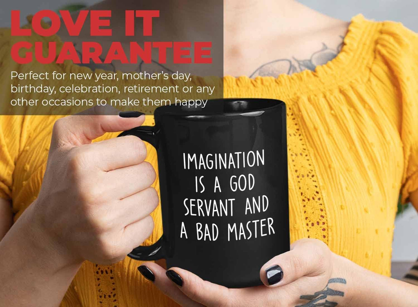 Bubble Hugs Writer Coffee Mug 15oz Black - Imagination is a god servant and a bad master - Reading Book Lover for Bookworm Bibliophile Librarians Author Readers Bookish