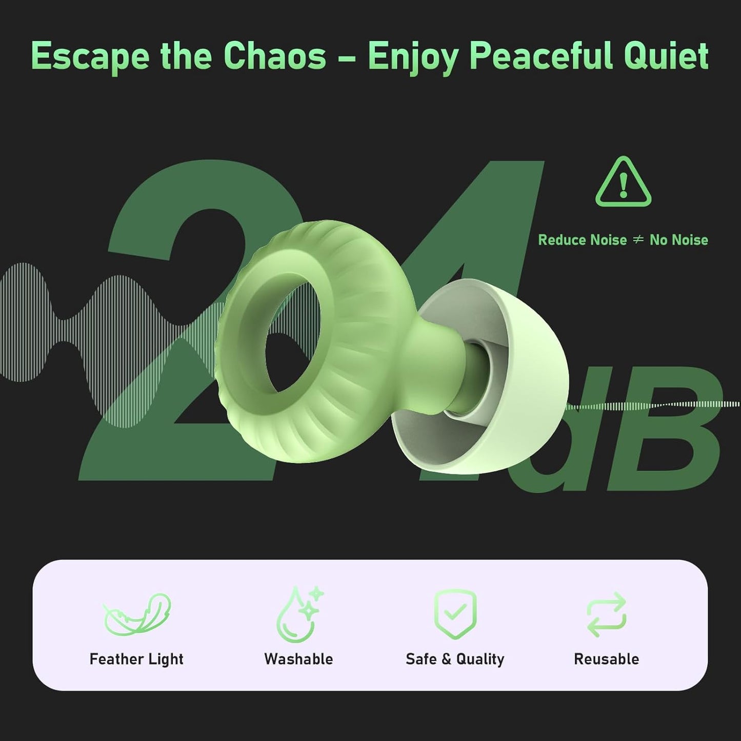 Reusable Ear Plugs for Sleep, Concerts & Noise Reduction – Comfortable Silicone Noise Cancelling Earplugs, Washable Hearing Protection – 4 Pairs, Black + Green
