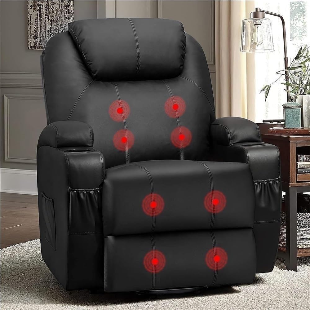 PU Leather Power Lift Recliner Chair for Seniors with Massage, Ergonomic Lounge Seat, Cup Holders, Side Storage Pocket, Comfortable Single Reclining Sofa for Home Theater