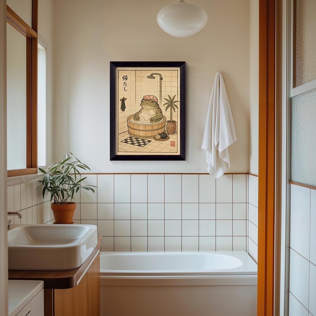 Framed Japanese Frog Bathroom Canvas Wall Art, Vintage Sage Green Shower Cap Frog Aesthetic Poster, Funny Bathroom Animal Picture Print, Asian Japandi Wall Decor for Restroom Washroom 8x10in
