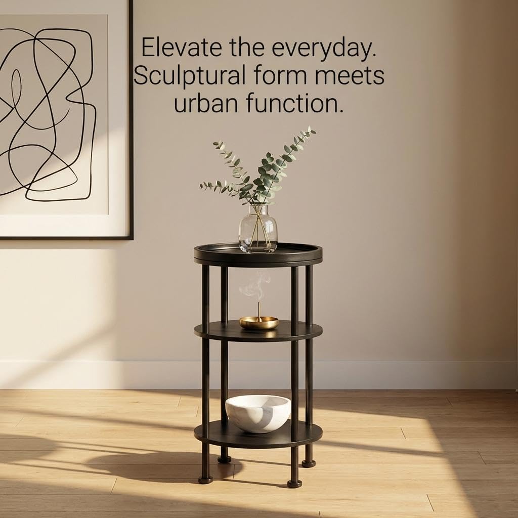 Small Round Side Table with Tray Top, 3-Tier Black End Table for Living Room & Bedroom, Modern Metal Nightstand with Storage Shelf, 11.8" Narrow Accent Table for Small Spaces, Balcony, Classic Black